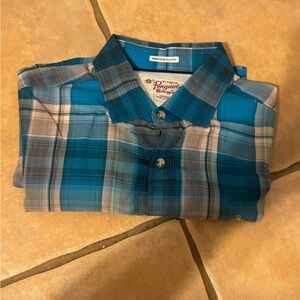 Original Penguin Men's Teal and Beige Plaid Shirt